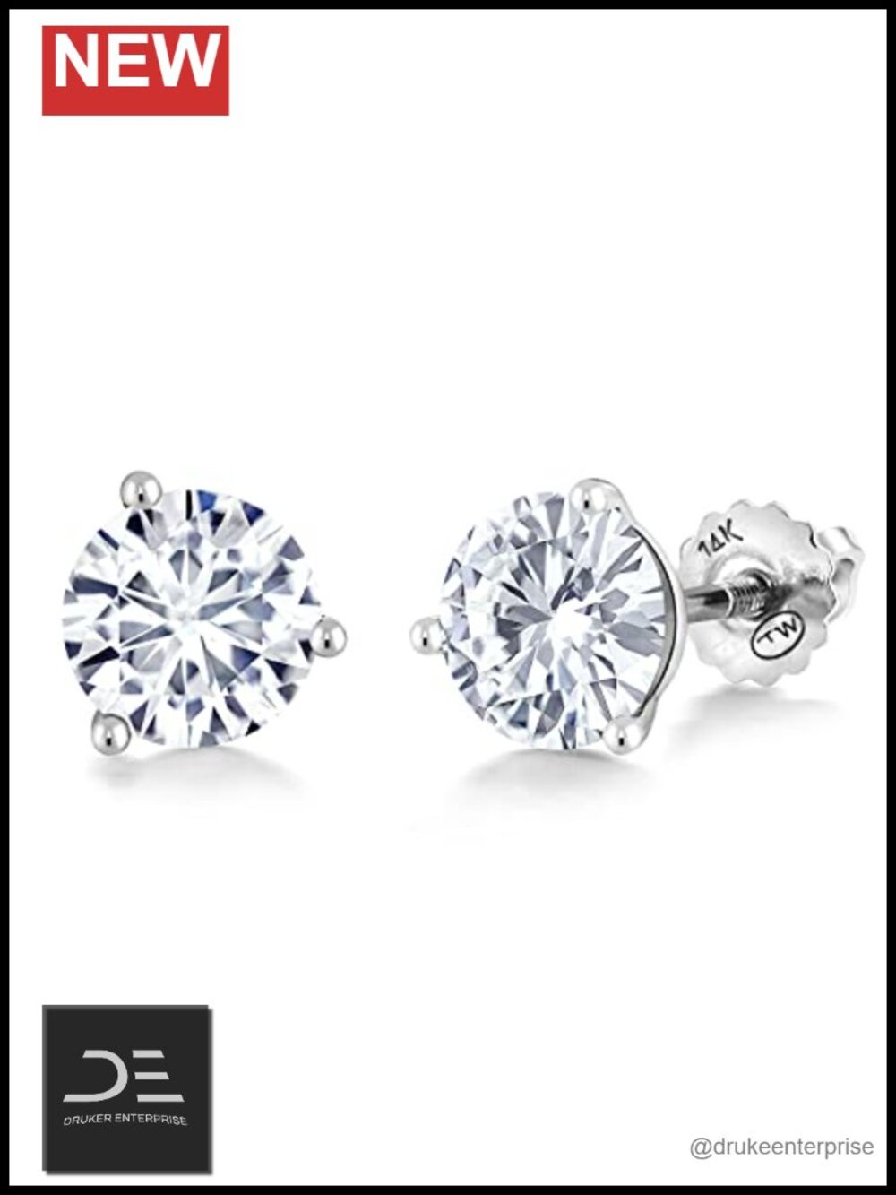 14K White Gold 7mm Round Gemstone Martini 3-Prong Stud Earrings Screw Backs